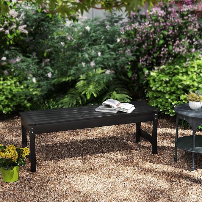 Outsunny Outdoor Bench, 47" 2-Person HDPE All-Weather Patio Bench Seat, Backless Garden Loveseat with Slatted Seat, Rot and Fade Resistant for Yard, Porch, Park, Black