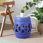 JONATHAN Y TBL1022D Lucky Coins 16" Chinese Ceramic Drum Indoor/Outdoor Garden Stool Bohemian, Coastal, Cottage, French Country, Traditional, for Living Room, Garden Room, Patio, Matte Blue