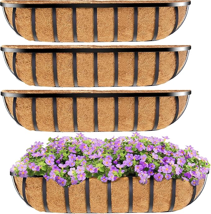 HFHOME 4 Pcs 24" Window Box Deck Railing Planter with Horse Trough Coco Liners, Black Metal Hanging Flower Planters Baskets for Indoor, Outdoor, Balcony, Porch, Fence, Patio, and Lawn