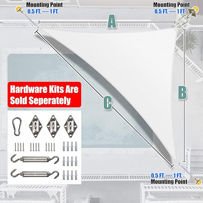 Amgo 14' x 14' x 19.8' White Right Triangle Sun Shade Sail UPF50+ Canopy Awning AGSLT, 95% UV Blockage, Water & Air Permeable, 200GSM Heavy Duty Commercial and Residential (We Make Custom Sizes)