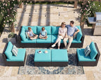 NICESOUL 8 People Outdoor Seating Furniture, 29.3'' High Back Comfortable Wicker Patio Sectional Sofas with Ottoman, Deep Seats Oversized Conversations for Exteriors, 2 Color Cushion Turquoise & Gray