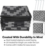 SAND MINE Waterproof Outdoor Rug 6x9 ft, Plastic Reversible Rug, Modern Area Rug, Large Floor Mat for Outdoors, RV, Patio, Backyard, Deck, Picnic, Beach, Camping, Black Grey Lattice