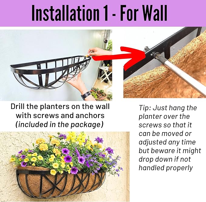 LaLaGreen 24 Inch, 2 Pack Window Boxes Planters – Black Metal Window Boxes for Outdoor Plant, Wall Mount Flower Pot with Coco Coir Liner, Attach to House Fence Balcony Herb for Patio Porch Garden