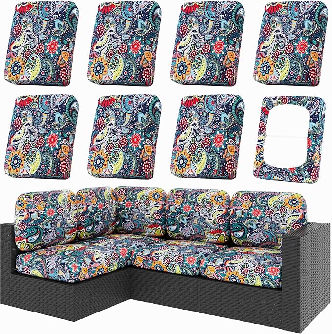 Cushion Covers, 8-Piece Stretch Paisley Outdoor Patio Set