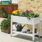 YITAHOME 3.6x1.5x2.8 FT Elevated Garden Bed Kit with Legs and Wheels, Outdoor Large Resin Planter Box Stand with Drain Plug and Storage Shelf for Plants Vegetables Fruits, Grayish-White