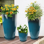 24-21-11 Inch Tall Planters Set of 3, Indoor Outdoor Blue Glossy Round Planter with Drainage Hole and Saucer, Large Decorative Plant Pots for Home Garden Porch (Blue)