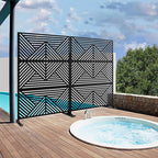 Casaphoria Metal Privacy Screen Outdoor, 72" H x 47" W Freestanding Decorative Privacy Screen for Patio Deck Balcony Garden with Stable Base, Black Zodiac