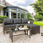 Vongrasig 3 Pieces Patio Furniture Sets, All-Weather Wicker Outdoor Sofa Couch Sectional Set, Small Conversation Set for Patio, Garden w/Cushion, Glass Table, (Grey)