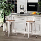 WENTMENT Metal Bar Stools Set of 2 Counter Height Barstools with Removable Back 24" Kitchen Bar Stools with Wooden Seat,Off White
