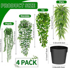 Palonu Artificial Hanging Plants for Shelf, 4 Pack Fake Potted Greenery Plant Faux Mandala Vine, String of Pearls, Ivy Vine,Persian Grass Fern in Pot for Desk Home Bathroom Farmhouse Room Table Decor