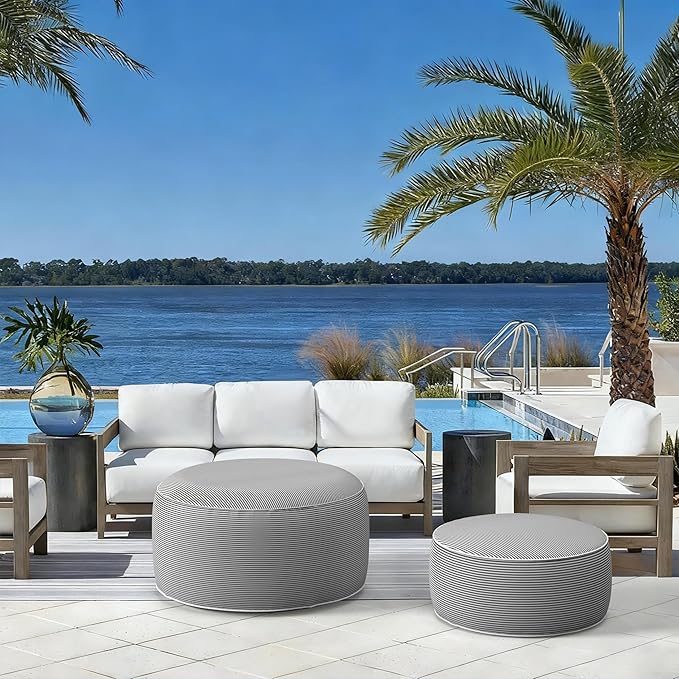 LVTXIII Indoor/Outdoor Inflatable Ottoman with Handle D21 x H9 Inch, Weather-Resistant Round Footstool Pouf for Patio Camping Living Room, Portable Footrest Extra Seating, Topanga Stripe Grey