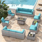 10-Seat Outdoor Wicker Patio Furniture Set with Fire Pit Table, Modular Rattan Sectional Sofa & 2 Swivel Rocking Chairs, 4" Thick Cushions, Rust-Resistant Frame,Blue