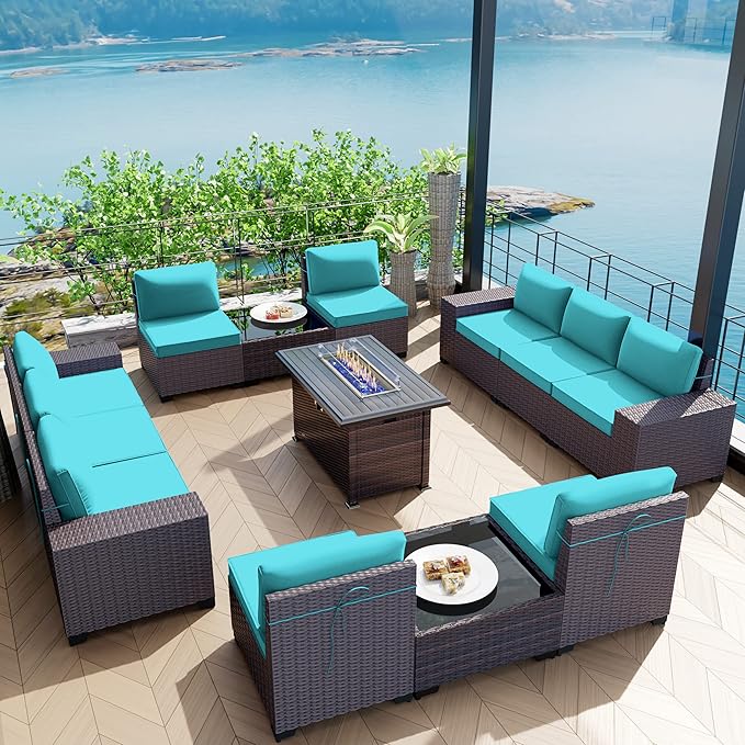 Kullavik 13 Pieces Outdoor Patio Furniture Set with 43" 55000BTU Gas Propane Fire Pit Table PE Wicker Rattan Sectional Sofa Patio Conversation Sets,Blue