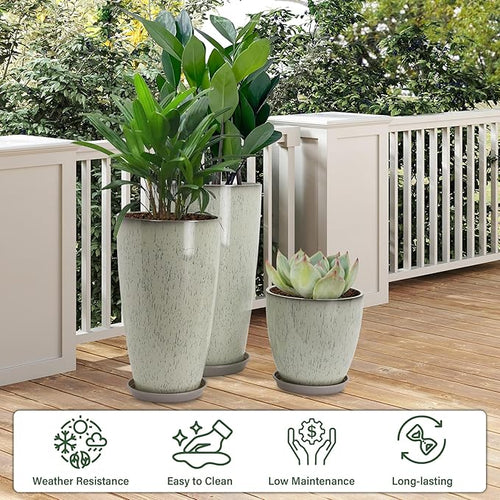 24/21/12 Inch Large Plastic Planter, Lightweight Ceramic-Look Tall Planters with Drain Hole & Saucers, Tall Plastic Planters for Porch, Garden, Patio, Balcony(Glaze Beige)