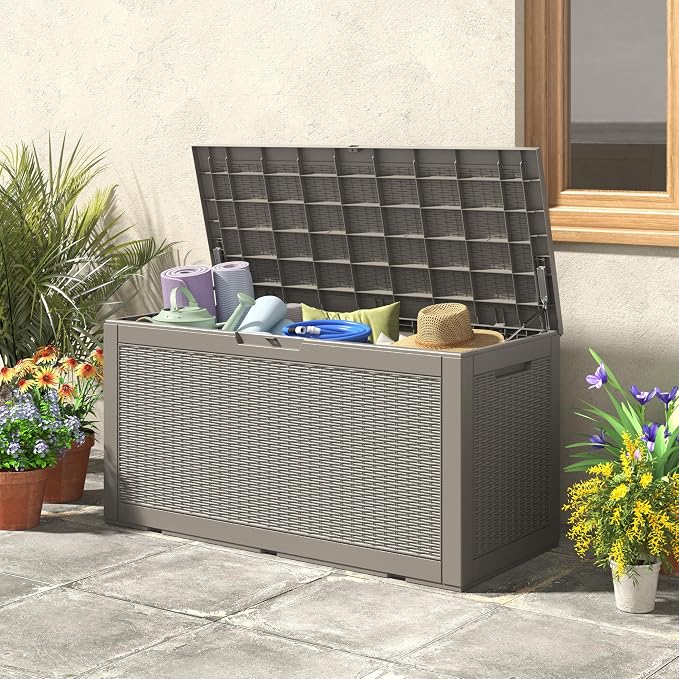 Resin Outdoor Storage Deck Box, 102 Gallon, Lockable Gas Lift Lid