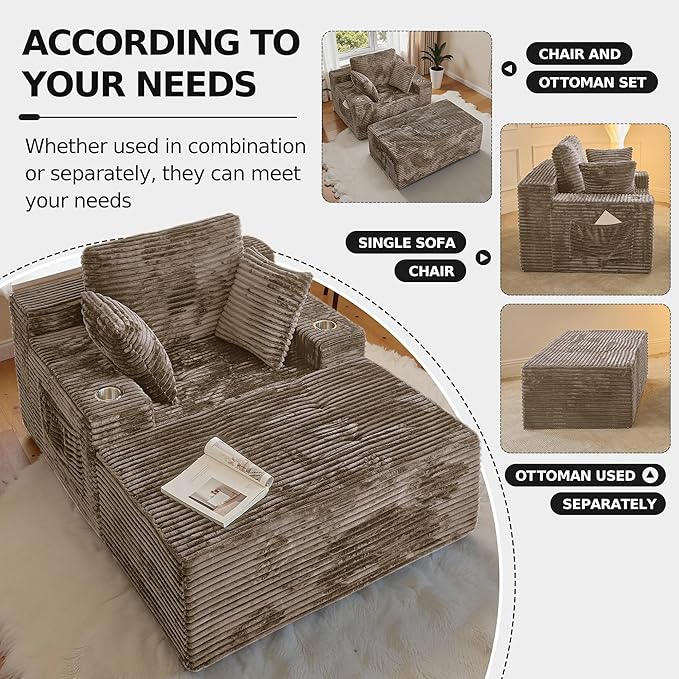 CHORRO67 Chaise Lounge Chair Indoor,Oversized Boneless Single Sleeeper Couch Bed,Corduroy Cloud Sofa with 3 Soft Pillows for Livingroom,Bedroom,No Assembly,(Khaki)