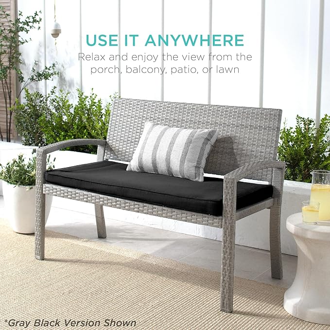 Best Choice Products Outdoor Bench 2-Person Wicker Garden Patio Benches Seating Furniture for Backyard, Porch w/Seat Cushion, 700lb Capacity - Ivory/Natural