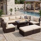 NICESOUL 29.3'' High Back Outdoor Patio Sectional Furniture with Firepit Table Natural Gas & Propane Convertible, 8 Seater Deep Wide Modern Couch, Extra Large Wicker Conversations for Backyard, Brown