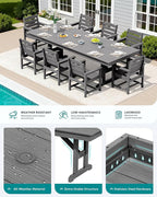 SERWALL 9 Piece Outdoor Dining Set, 84" HDPE Outdoor Table and Chairs for 8，All Weather Patio Furniture Set with Umbrella Hole for Backyard, Garden, Gray