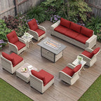 13-Piece Outdoor Patio Furniture Set with Rocking Swivel Chair, PE Wicker Rattan Sectional Sofa Patio Conversation Set with 55,000 BTU Fire Pit Table & Coffee Table, Red