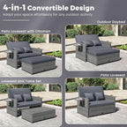 HAPPYGRILL Patio Rattan Wicker Daybed with Loveseat & Storage Ottoman, Outdoor Lounge Sofa Furniture Set with Adjustable Backrest & Side Trays, for Poolside Deck Porch Lawn (Mix Grey & Grey)