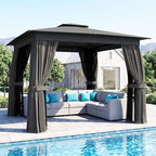 Outsunny 10' x 10' Outdoor Patio Gazebo, Heavy Duty Gazebo Canopy Shelter with Double Roof, Curtains, Netting, Steel Frame, UPF30+ Protection, Ceiling Hook for Lawn, Backyard, Deck, Dark Gray