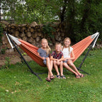 Vivere Double Sunbrella Hammock with Space-Saving Steel Stand, Heavy-Duty Portable Outdoor Hammock Set for Backyard, Patio, or Travel, Coral
