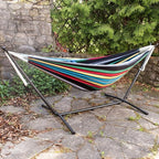 Vivere Double Cotton Hammock with Space Saving Steel Stand, Upgraded Polyester End Strings 450 lb Capacity - Premium Carry Bag Included - (Rio Night)