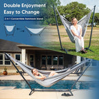 SUNCREAT 2-in-1 Convertible Extra Large Hammocks with Stand, Heavy Duty 2 Person Hammock for Outside with Stand, Patented, Light Gray