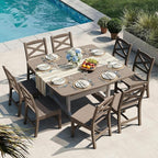 Outdoor Dining Set, HDPE 9-Piece Patio Table and Chairs Set, All-Weather Outdoor Dining Table Set for 8 with Umbrella Hole, Durable Patio Furniture Set with Chairs,White Brown