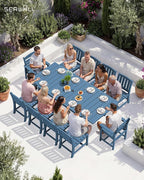 SERWALL 11-Piece Outdoor Dining Set, 60" - 83" Expandable Outdoor Dining Table and 10 HDPE Chairs, All Weather HDPE Outdoor Furniture Set for Backyard, Garden, Blue