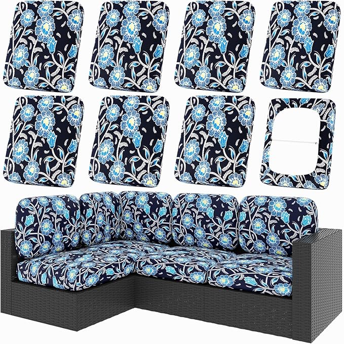 Patio Cushion Covers, 8-Piece Stretch Fit Set in Bluebell