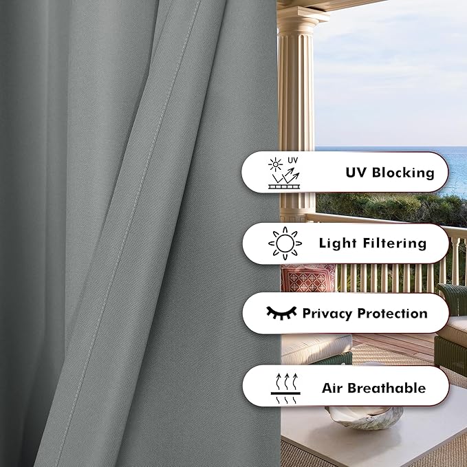 BONZER Outdoor Curtains for Patio Waterproof Thick Privacy Grommet Light Filtering Outside Curtains for Porch Pergola Gazebo Deck, 1 Panel, 84W x 120L inch, Grey