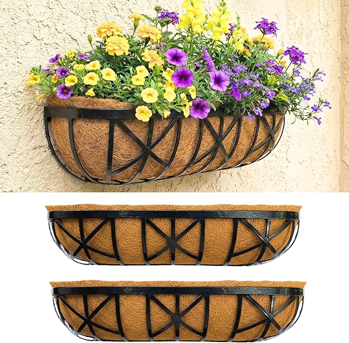 LaLaGreen 30 Inch, 2 Pack Window Boxes Planters – Black Metal Window Boxes for Outdoor Plant, Wall Mount Flower Pot with Coco Coir Liner, Attach to House Fence Balcony Herb for Patio Porch Garden
