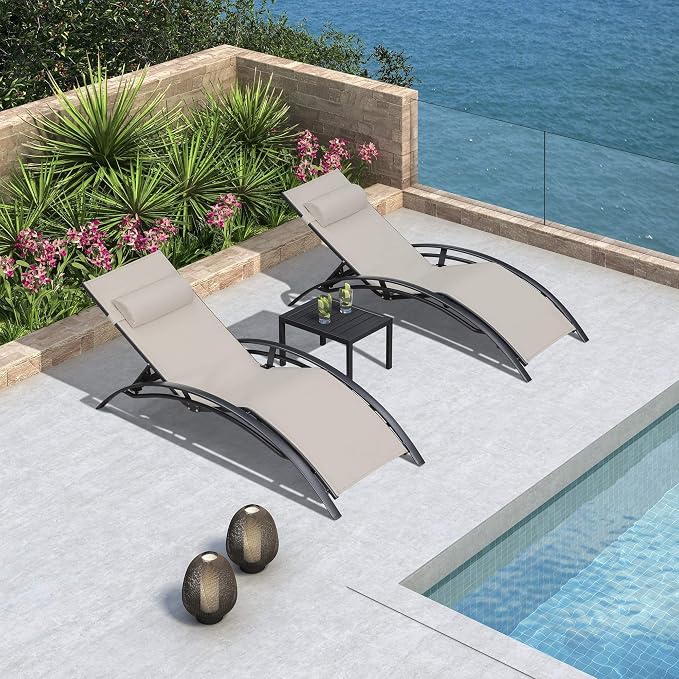 Aluminum Patio Chaise Lounge Set of 3 with Side Table, Beige