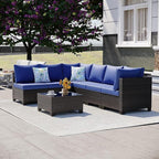 7 Pieces Outdoor Patio Furniture Set, Outdoor Wicker Sectional with Thick Cushions for Garden and Backyard (Brown/Deep Blue)