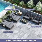 Tangkula Patio Rattan Daybed with 4-Level Adjustable Backrest, Outdoor PE Wicker Loveseat with Storage Ottoman & Folding Side Tray, Double Sunbed Lounger for Balcony, Backyard & Poolside (Grey)