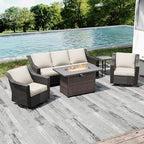 Joyside Wicker Patio Furniture Sets, 5 Pieces Upgraded Large Size Outdoor Furniture with Swivel Rocking Patio Chairs, 3-Seat Sofa, Fire Table, Coffee Table, Thick Cushions, Wide Armrest, Beige