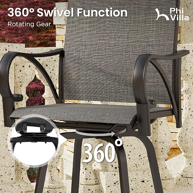 PHI VILLA Outdoor Bar Stools Swivel Set of 2, Outdoor Bar Height Tall Patio Chairs Grey with Armrest, High Top Patio Stools & Chairs with Sling Fabric for Outside Kitchen