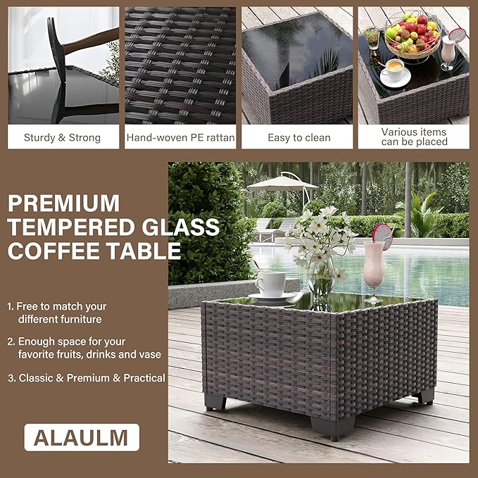 ALAULM Patio Furniture Set with Coffee Table, 14 Pieces Outdoor Sectional with Wide Seat and Thick Cushion, All Weather Wicker Rattan Conversation Set for Backyard, Garden, Deck, Sand