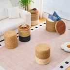 Wimarsbon Round Pouf Ottomans, Handwoven Natural Water Hyacinth Seagrass Pouffe,Outdoor Rattan Stool Accent Seat, Bohemian Coastal Home Decor (Storage -14inch Natural Cattail & Black Corn Shell)