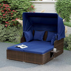 ORALNER Outdoor Daybed, 2-Person Wicker Patio Sofa with Retractable Canopy, Cushions & Pillows, 2 Side Trays, PE Rattan Double Sunbed for Deck Poolside Garden Balcony Backyard (Navy, Mix Brown)