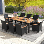 Tangkula 9 Pieces Rattan Outdoor Dining Set for 8, Outdoor Acacia Wood Table Set with 8 Cushioned Wicker Chairs, Umbrella Hole, Patio Dining Furniture Set for Deck Pool Backyard