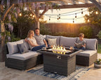 Nicesoul 6 Piece L Shaped Outdoor Patio Set with Firepit Table Natural Gas & Propane Convertible, 29.3'' High-Back Rattan Sectional Sofa, All Weather Deep Seats XL Large Conversation for Outside, Grey