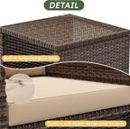 LHBcraft Balcony Furniture 5 Piece Wicker Patio Furniture Set, Outdoor Hand-Woven Rattan Lounge Chairs with Tempered Glass Coffee Table, Ottomans & Soft Cushions for Front Porch, Garden, Brown