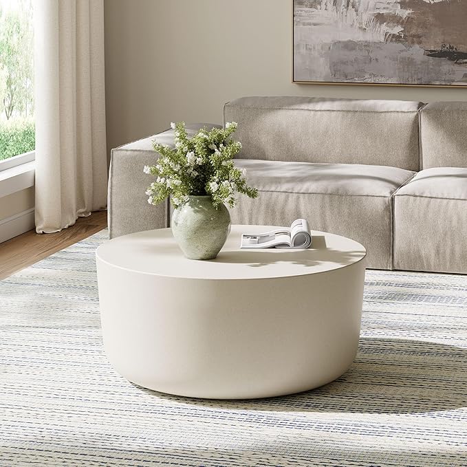 Modway Brion 34 Inch Round Concrete Coffee Table – Indoor/Outdoor Tapered Cylinder Coffee Table – Low Center Table for Living Room or Patio in White