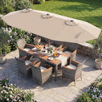 Tangkula 9 Pieces Rattan Outdoor Dining Set with 13Ft Solar Patio Umbrella for 6, Outdoor Wicker Table Set with 8 Cushioned Chairs, Acacia Wood Top, Outdoor Umbrella with Base Included
