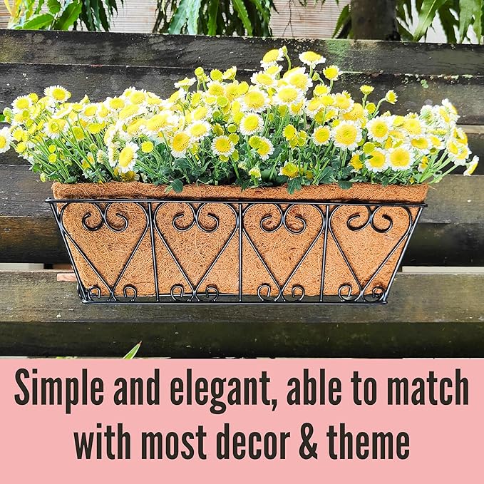 LaLaGreen Wall Planters - 2 Pack, 16 Inch Window Flower Boxes Outdoor, Deck Railing Hanging Metal Wire Basket Black with Coco Liners Horse Troughs Fence Balcony Garden Farmhouse Patio Porch Over Rail