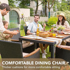 Devoko Dining 7 PCS Furniture, Patio Conversation Set with Acacia Wood Table Top, Outdoor, Beige Cushion and Black Rattan