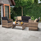 4-Piece Patio Furniture Set, Wicker Outdoor Rattan Sectional Sofa with Cushions and Glass Table, All-Weather Outdoor Conversation Set, Ideal for Garden, Porch, Backyard, Black